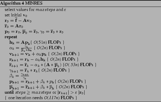 \begin{algorithm}
% latex2html id marker 791
[H]
\caption{MINRES
}\par\begin{alg...
...eration needs \emph{O}(\emph{117n}) FLOPs }
\par\end{algorithmic}\end{algorithm}